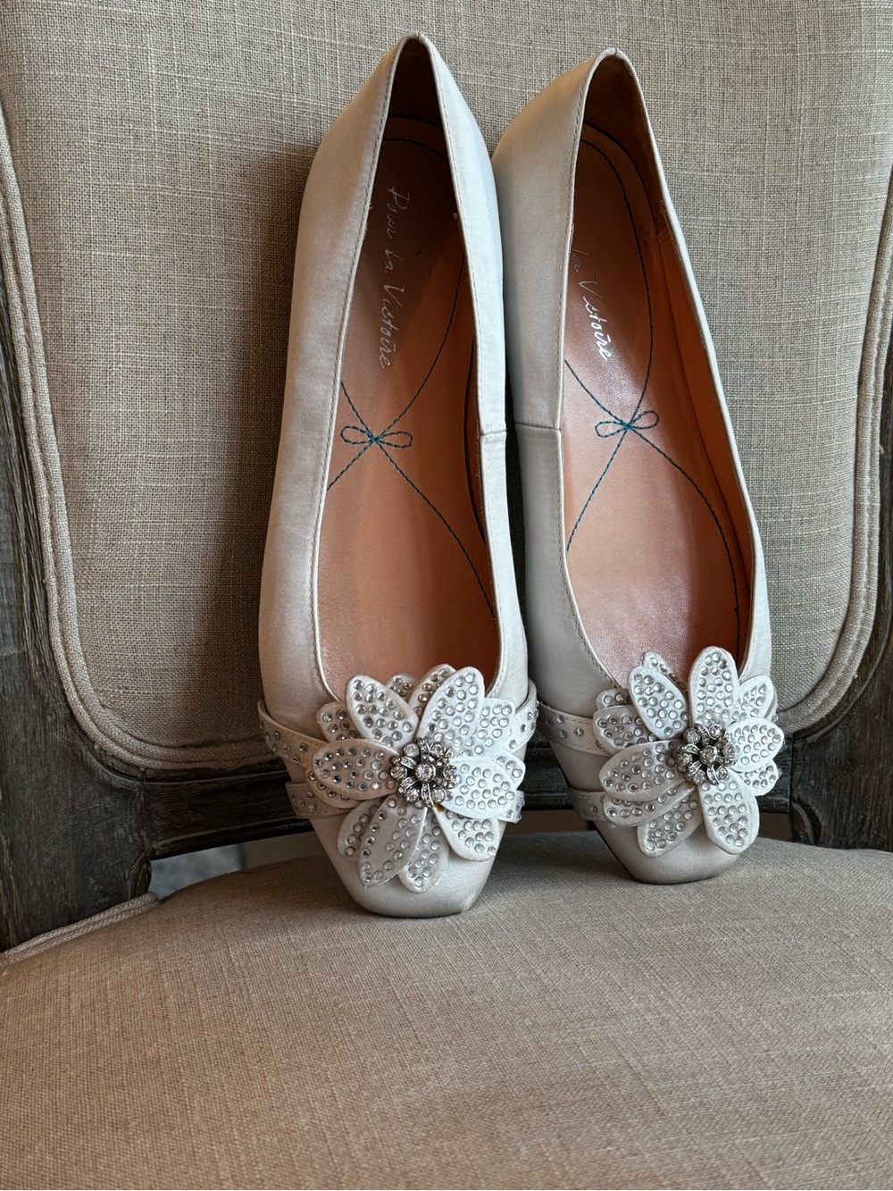 Ivory Satin Floral Rhinestone Embellished Square Toe Bridal Ballet Flats